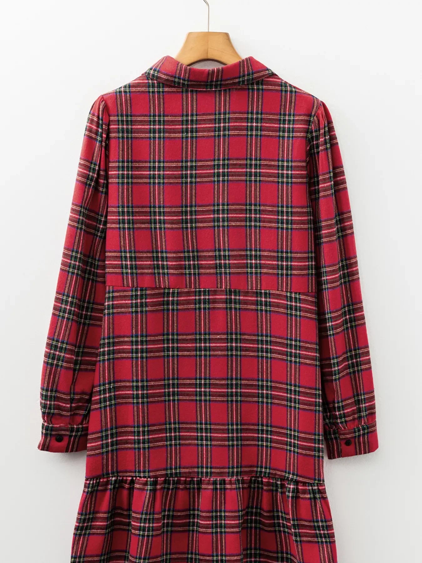 Plaid Shirt Collar Half Button Ruffle Hem Long Sleeve Mini Dress