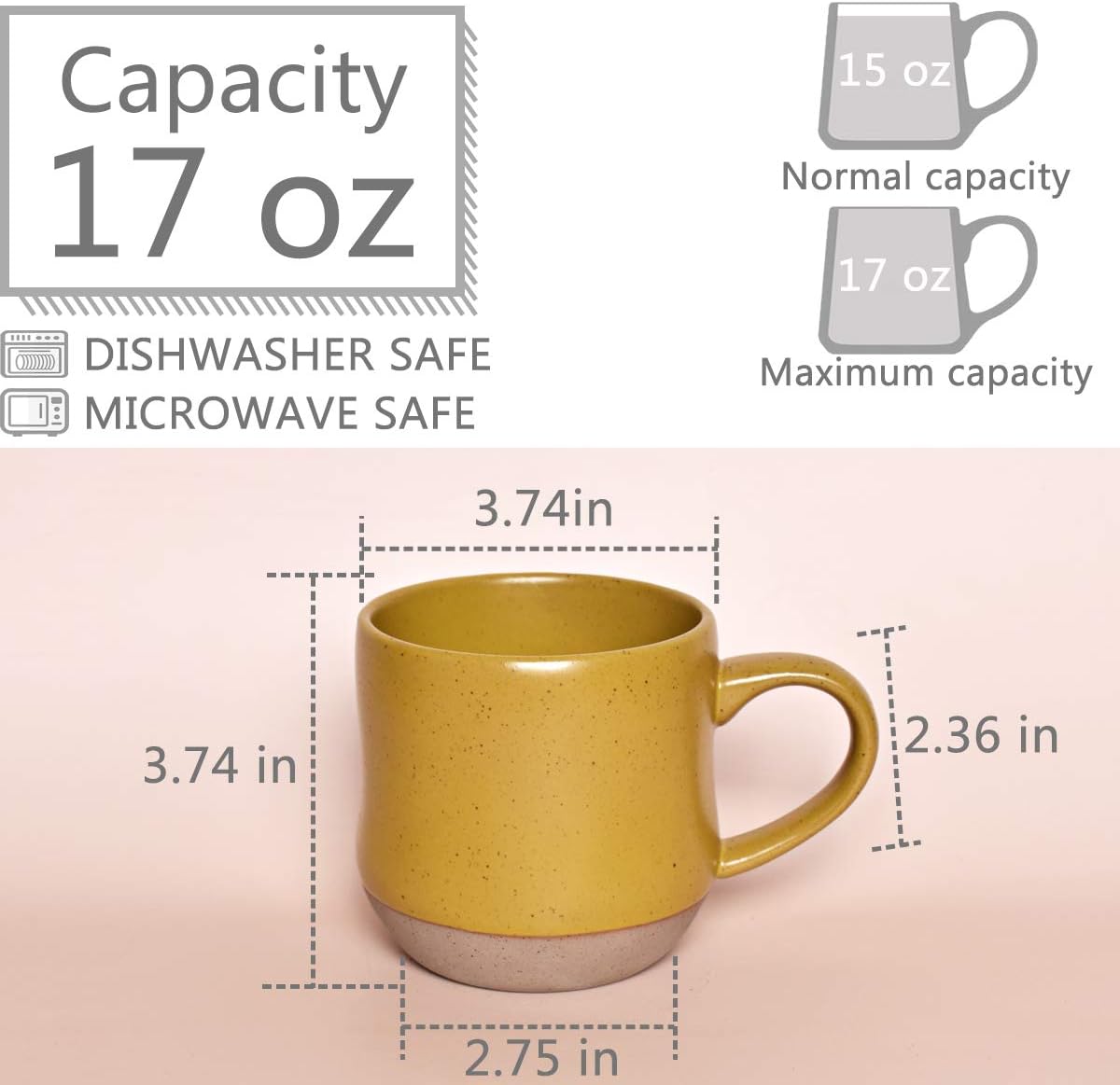 Bosmarlin Large Stoneware Speckled Coffee Mugs Set of 2, Big Tea Cup, 17 Oz, Dishwasher and Microwave Safe