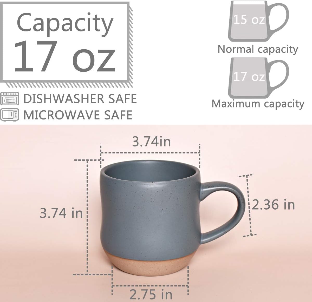 Bosmarlin Large Stoneware Speckled Coffee Mugs Set of 2, Big Tea Cup, 17 Oz, Dishwasher and Microwave Safe