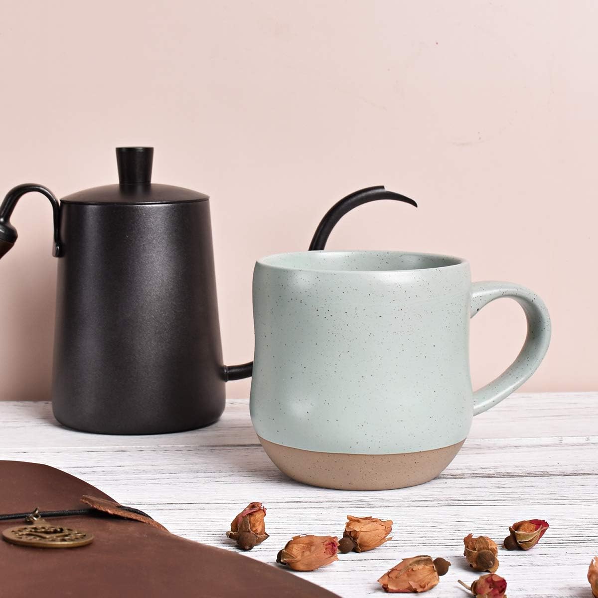 Bosmarlin Large Stoneware Speckled Coffee Mugs Set of 2, Big Tea Cup, 17 Oz, Dishwasher and Microwave Safe