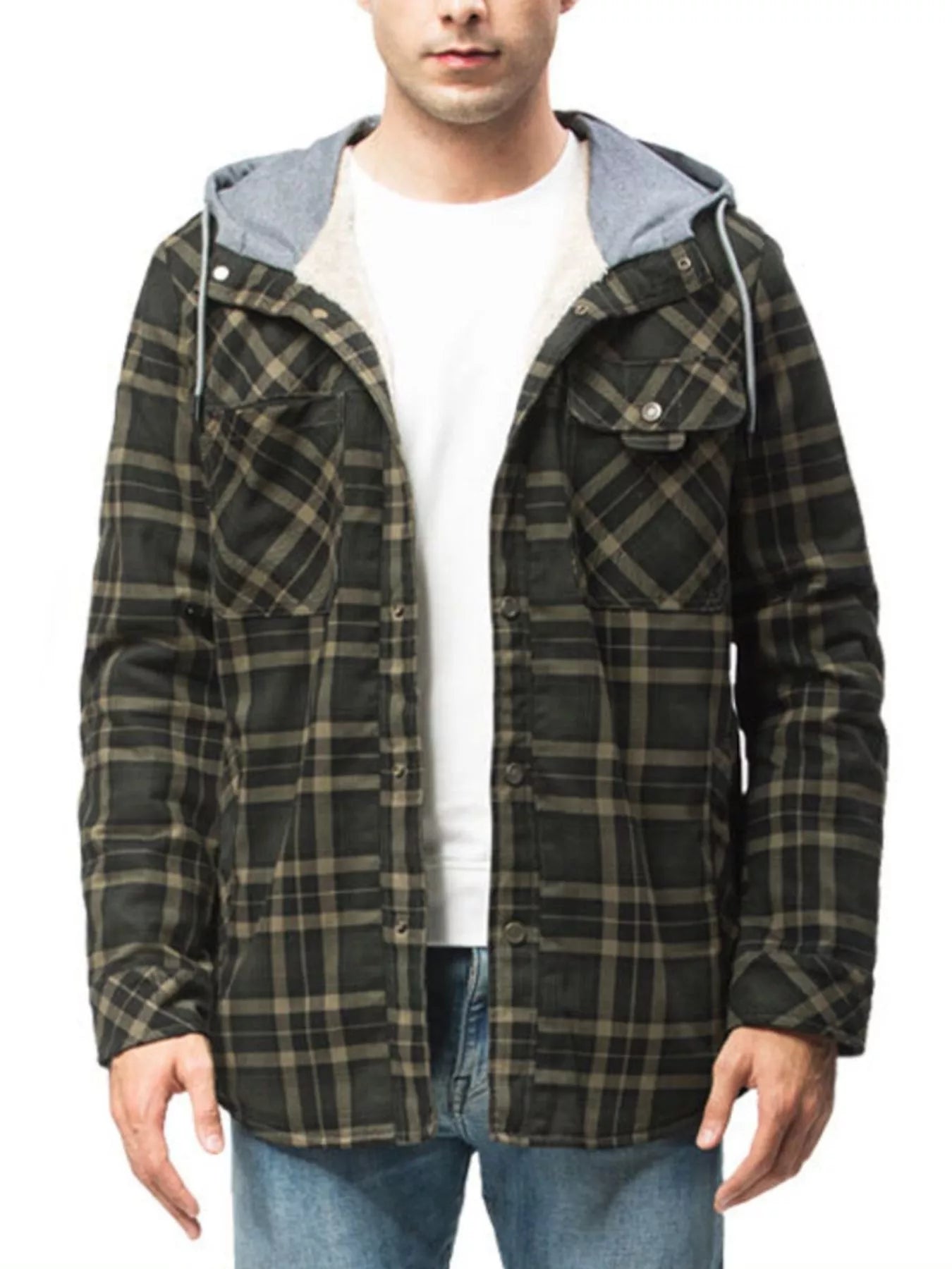 Men's Snap Down Plaid Flannel Hooded Jacket
