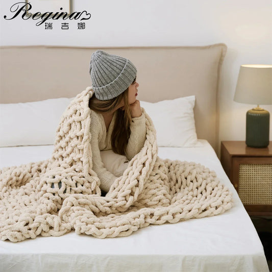 DecorBites™ Cozy Chenille Chunky Knit Blanket - Soft Decorative Throw for Bed, Sofa, Living Room - Summer Quilt or Rug Alternative