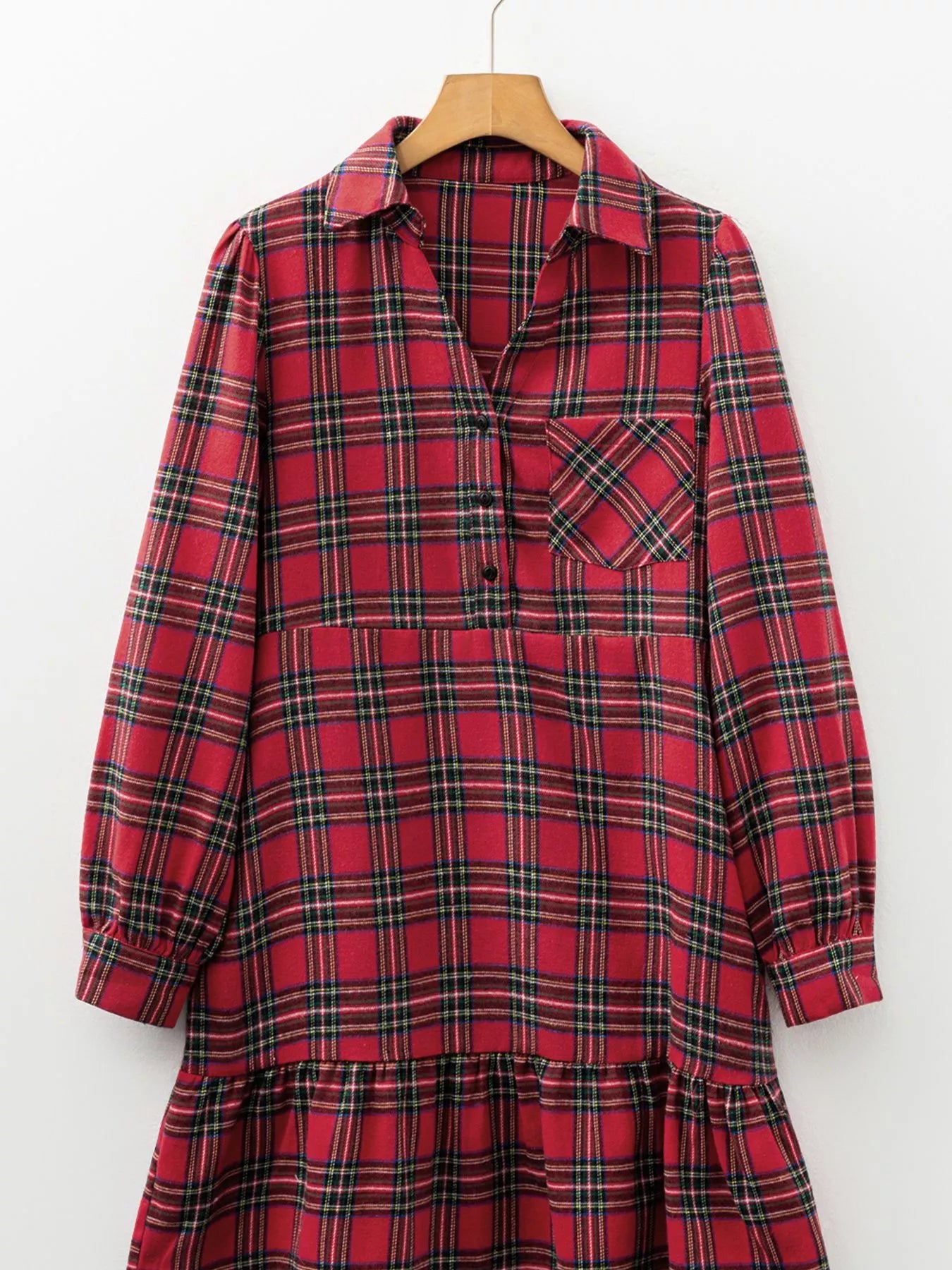 Plaid Shirt Collar Half Button Ruffle Hem Long Sleeve Mini Dress